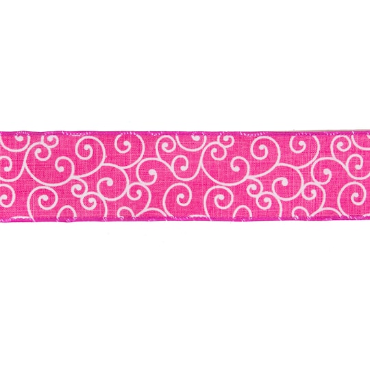 34676979 2.5 in. x 10 yard Swirl Wired Spring Craft Ribbon, Pink & White